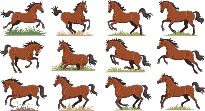 Running brown horse animation frames collection in various dynamic poses for game development and motion design graphics.