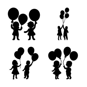 Families holding colorful hot air balloons - Four happy families with children flying different hot air balloons together in a joyful outdoor setting.
