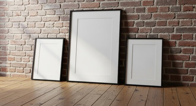 Three blank picture frames against a brick wall