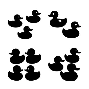 Silhouette rubber ducks floating in a line - Six black rubber duck silhouettes arranged in two horizontal lines for playful and minimalist design.