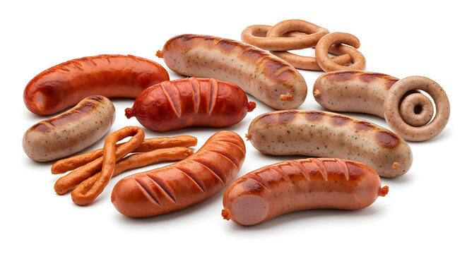 Assortment of Delicious Sausages and Hot Dogs on White Background