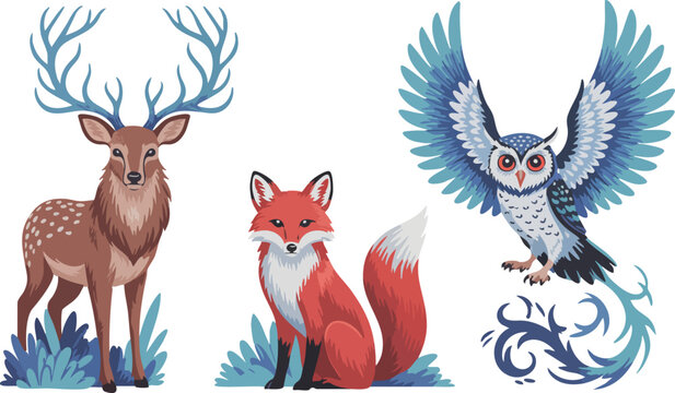 Set of wild forest animals featuring deer with large antlers fox sitting and flying owl illustration on transparent background.