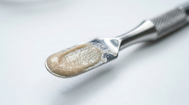  Macro view of a dental spatula with freshly mixed gritty glass ionomer cement for restorative fillings and crown cementation in professional clinical dentistry and high-quality oral healthcare today.