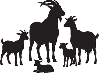 Fototapeta premium Black Silhouette of Goat Family Including Billy Goat with Large Horns, Nanny Goat, and Young Kids; Isolated Vector Illustration of Farm Animals for Agriculture, Livestock, and Nature Design.