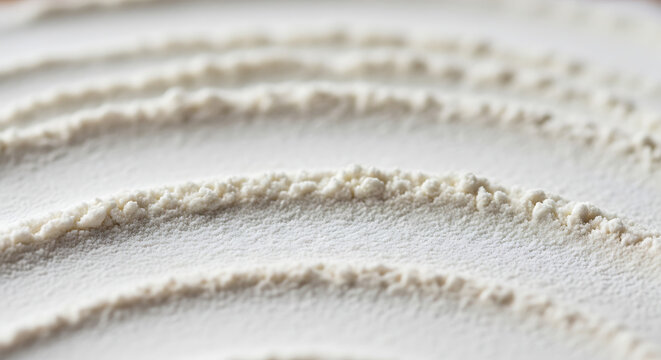 Close-up of white flour powder in curved lines on a surface, baking ingredient texture
