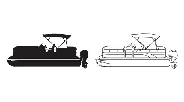 Pontoon boat silhouette and line drawing on white background