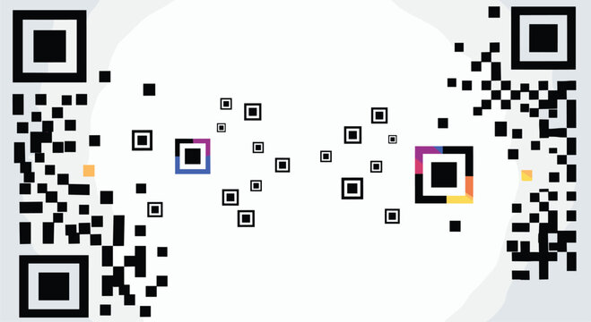 Abstract and deconstructed QR code with scattered black and colorful squares over a light background, representing data glitch or error theme.