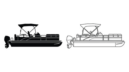 Pontoon boat silhouette and line drawing on white background © Design Bari