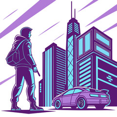 Fototapeta premium Neon outline illustration of person and car in front of futuristic city skyline