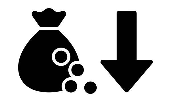 Minimalist black silhouette icon of a money pouch with coins and a bold downward arrow on white background financial loss and cost reduction concept