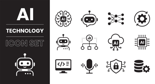 A artificial intelligence set of line-style web icons. AI technology icons for mobile and online apps. Cloud computing networks, algorithms, smart robots, machine learning, and digital AI technology