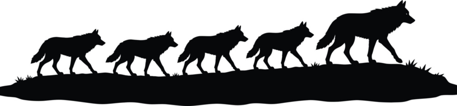 Wolf pack silhouette on hill against white background