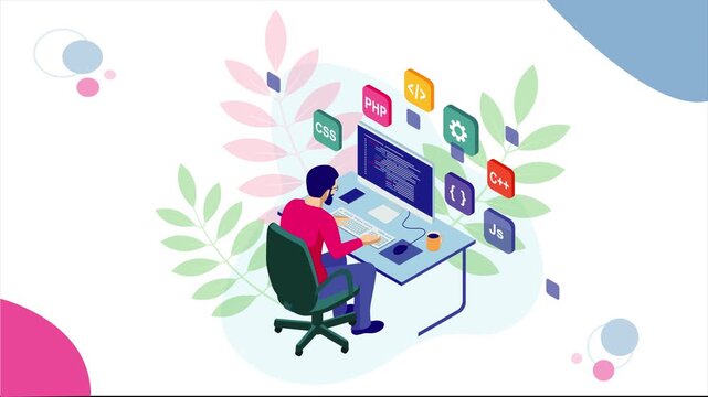 Full Stack Web Developer Workspace Animation: Male Coder with Isometric Laptop and Floating CSS, PHP, HTML, and JS Icons, Seamless Loop for Programming and Software Engineering.
