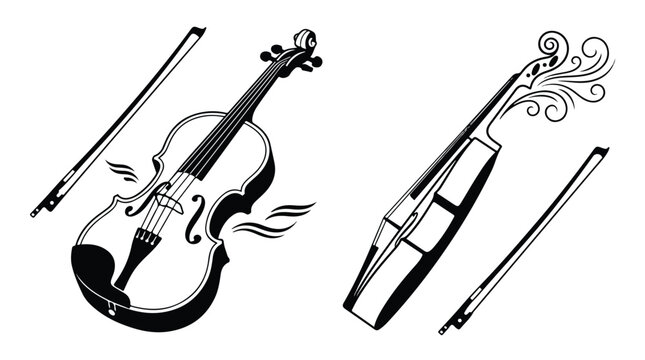 Black and white illustration of a violin with bow and a cello with bow on a plain white background.