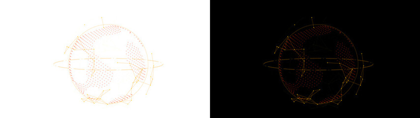 A PNG image of Digital golden globe wireframe made of connected dots and lines featuring a futuristic orbit pattern on transparent background © Raihan Alam