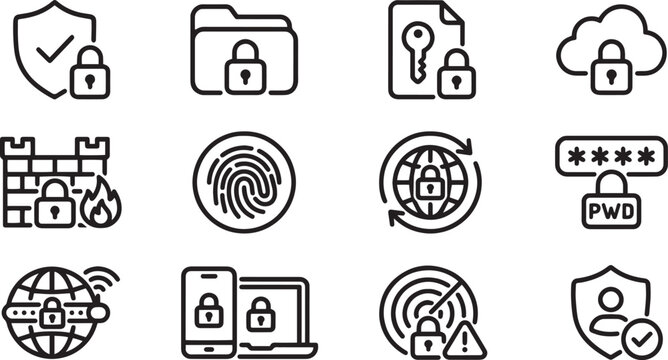 Cybersecurity and Global Network Protection Icon Set with Shield Lock Folder Key Cloud Firewall Fingerprint Password and Device Security Outline Design