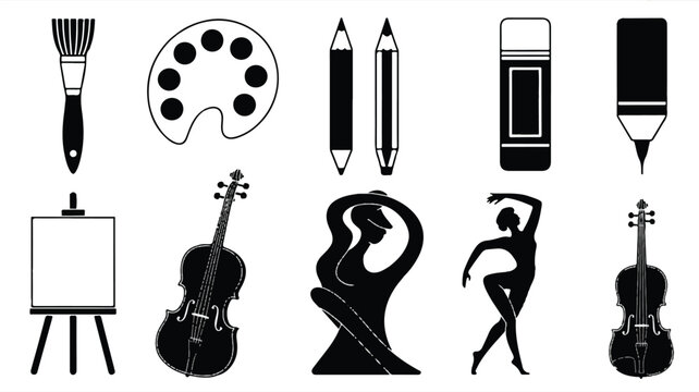 black and white silhouette icons of art and music instruments and tools