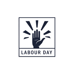 Obraz premium Labour day emblem featuring raised hand with sunburst rays in a modern square frame.