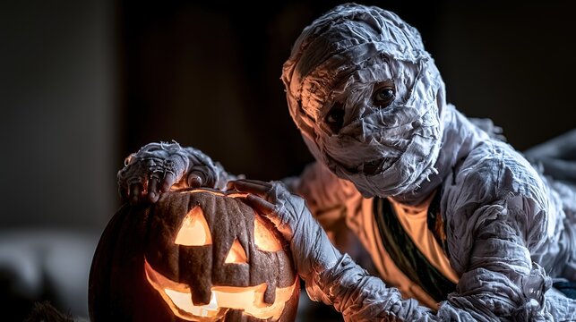 Halloween Child in Tattered Mummy Wrap Costume Holding Glowing Jack-O'-Lantern in Spooky Dark Indoor Room