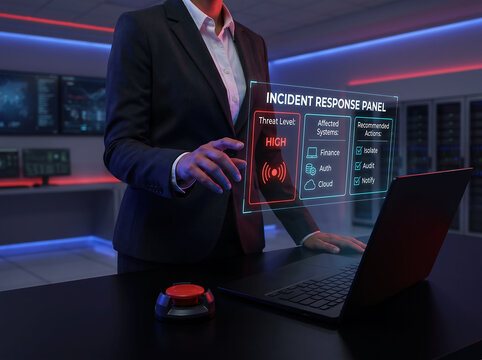 Security specialist managing incident response panel showing high threat level affected systems including finance auth cloud and recommended actions like isolate audit notify in dark room.