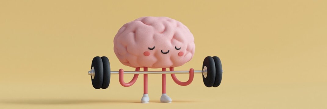 Cartoon brain holding barbell at rest on yellow background
