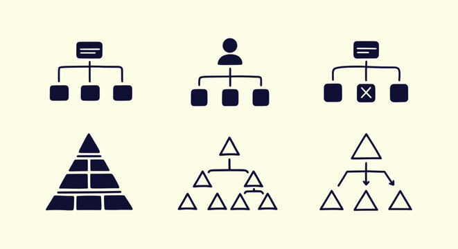 Collection of hand-drawn business organizational charts and pyramid hierarchy icons for management.