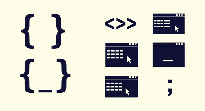 Collection of Vector Programming and Coding Icons with Curly Braces Brackets and Browser Windows