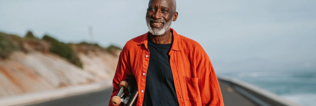 Senior man carrying skateboard on coastal road near ocean