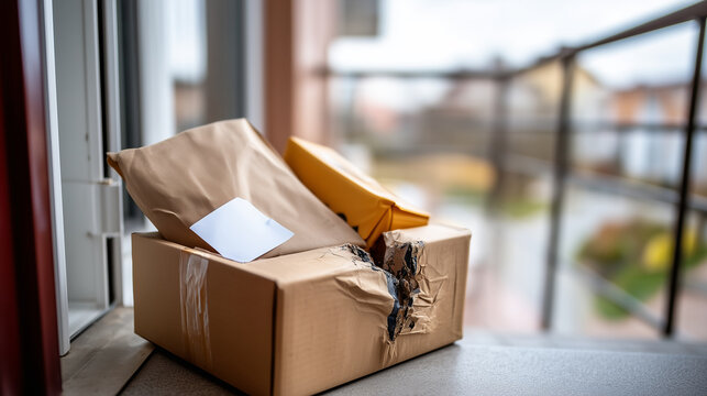 Cardboard package damaged during courier transport arrives at the recipient's door
