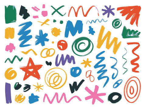 Hand drawn abstract crayon doodle shape set vector illustration with colorful scribbles, stars, zigzags and brush strokes