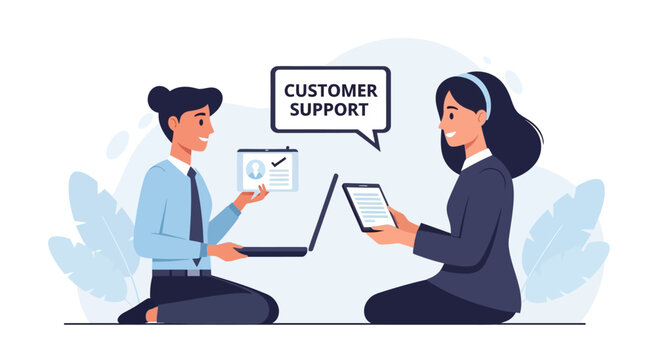 Customer support agents collaborating on digital devices, illustration