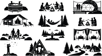 Obraz premium People enjoying camping and outdoor activities isolated on white background, Vector