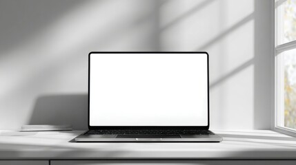 Fototapeta premium Modern laptop computer with blank white screen on desk near window in bright sunlight