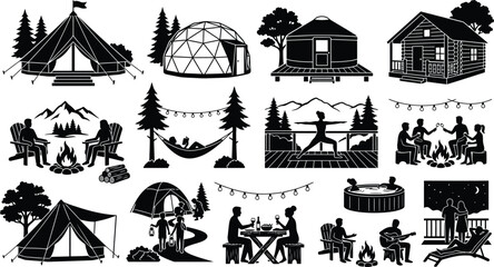 Black and white camping and outdoor lifestyle illustration isolated on white background, Vector © RUMA AKTHER