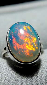 Opal gemstone ring with glossy blue reflection macro shot