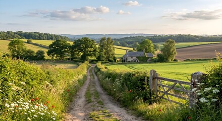 Obraz premium Scenic Countryside Dirt Road Winding through Green Fields and Rolling Hills under Blue Sky