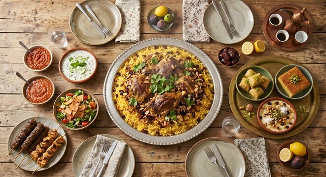 Overhead View of Traditional Middle Eastern Feast with Kabsa Rice Kebabs Dips and Mezze