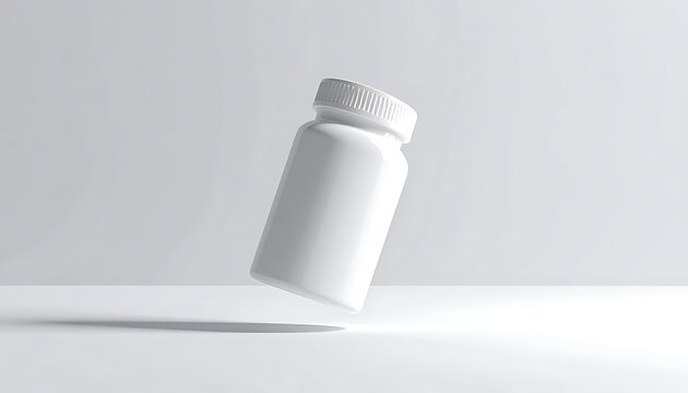 Clean white pill bottle with textured cap, isolated on a clean studio background with soft shadows, representing health and medicine