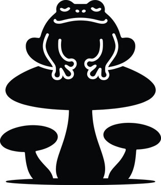 black silhouette, frog, mushroom, white background, flat simple shapes, animal, nature, fantasy, cartoon, symbol, eps10, bl Black silhouette of a frog sitting on a mushroom, with two smaller mushrooms