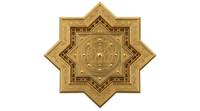 Islamic gold star ornament with intricate geometric patterns, luxury arabic octagram symbol, traditional middle eastern metallic decoration on white