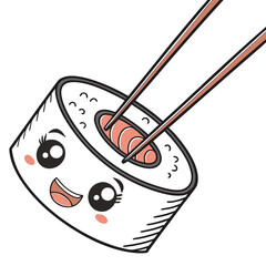 Kawaii sushi roll character with smiling face and chopsticks illustration © megia
