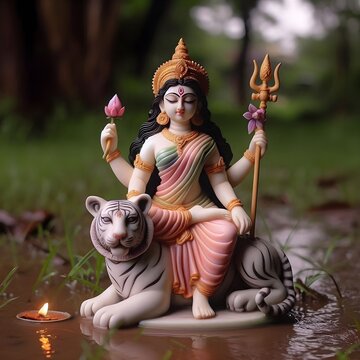 Statue of Hindu goddess with tiger in forest pond at dusk