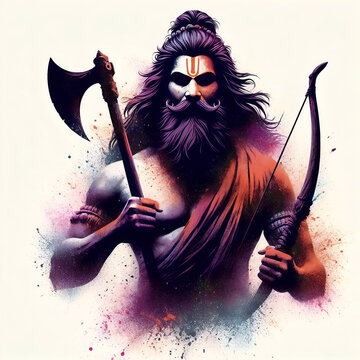 fierce warrior avatar lord parashurama holding an axe and a bow watercolor illustration