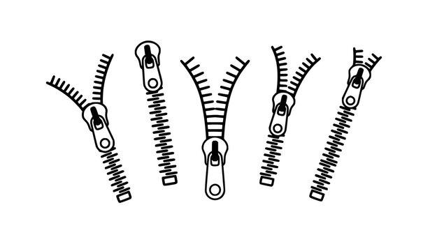 Minimalist zipper vector collection with open and closed vertical zip fasteners line art templates isolated on white background