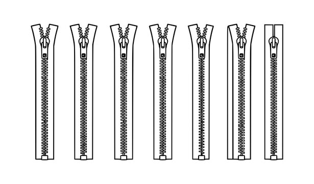 Colorful zipper fasteners vector set with vertical flat line art clothing templates