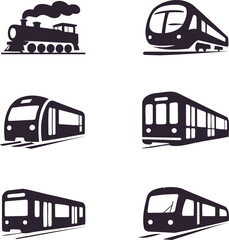 Collection of various train types and locomotive designs in black silhouette on white background for transport and travel concepts © Kahima