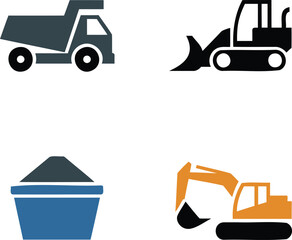 Naklejka premium Construction vehicles icons including dump truck excavator bulldozer and pile of sand isolated on transparent background