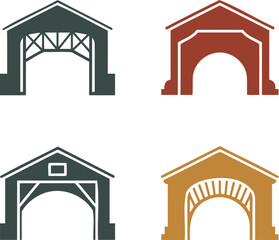 Fototapeta premium Four different colored covered bridge icons in green brown and yellow on white background