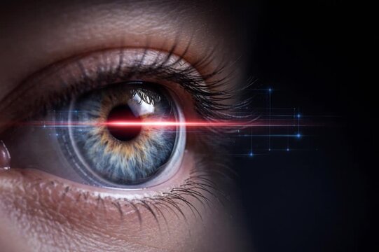Eye iris scan biometric technology vision security retina laser ophthalmology concept with a close up human eye and digital overlay for identity verification, diagnostics and future healthcare.
