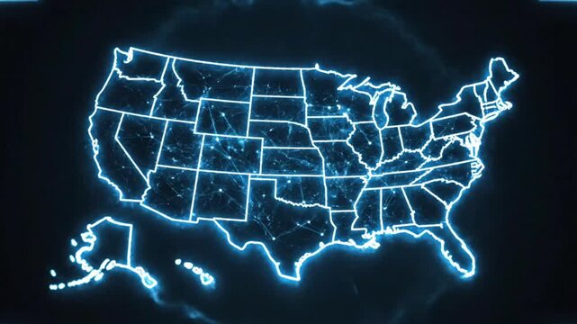 Glowing neon usa map with digital network connections and data flow animation united states america